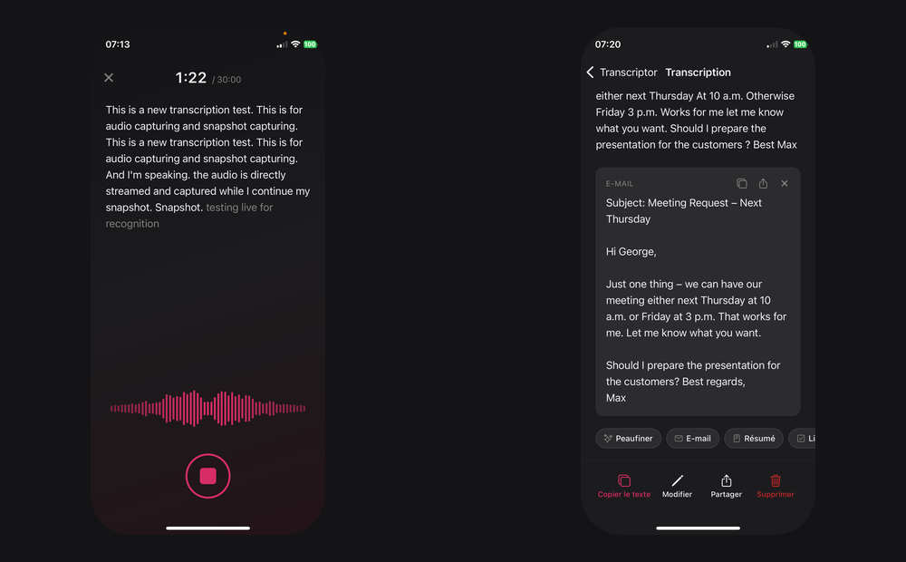 Two iPhone screens: on the left, live dictation with a waveform and the last words still grey; on the right, the same content rewritten as a structured email with a subject line and sign-off.